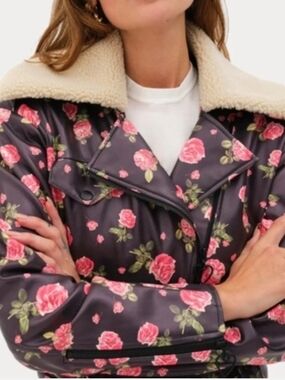 For Love & Lemons Floral Faux-Leather Moto Jacket with Sherpa Collar